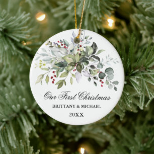 Our First Christmas Watercolor Greenery Berries Ceramic Ornament