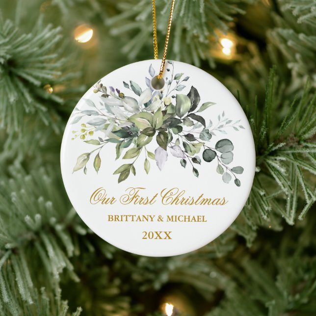 Our First Christmas Watercolor Greenery Gold Ceramic Ornament (Tree)