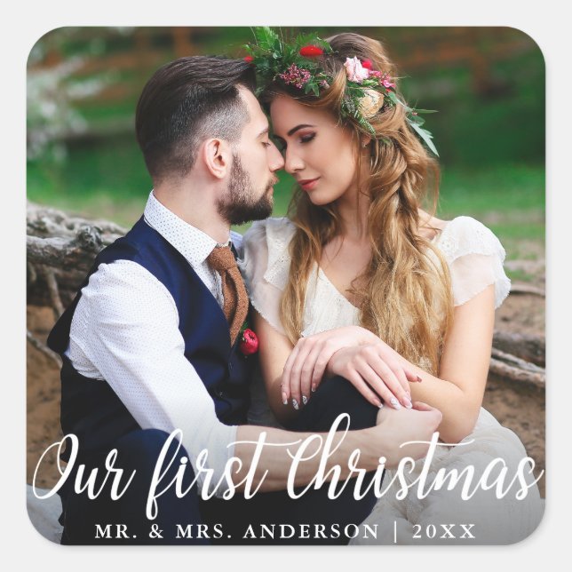 Our First Christmas Wedding Couple Photo Square Sticker (Front)