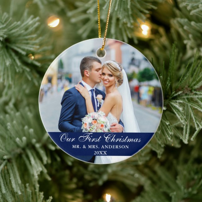 Our First Christmas Wedding Photo Blue Ceramic Ornament (Tree)