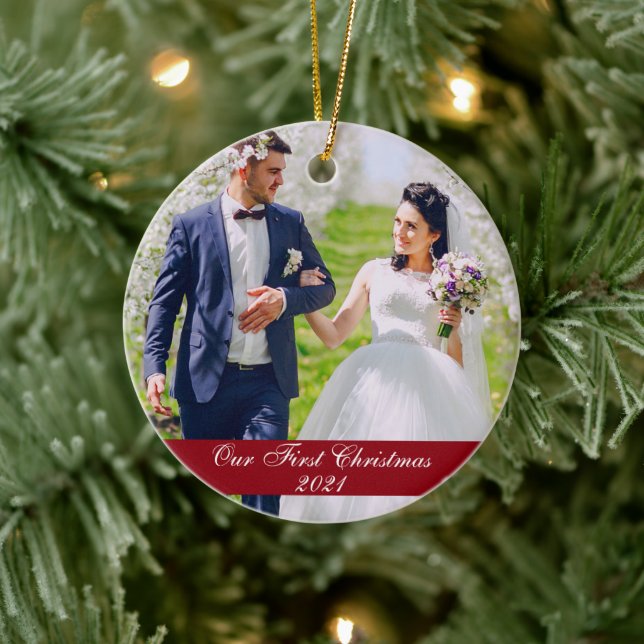 Our First Christmas Wedding Photo Ceramic Ornament (Tree)