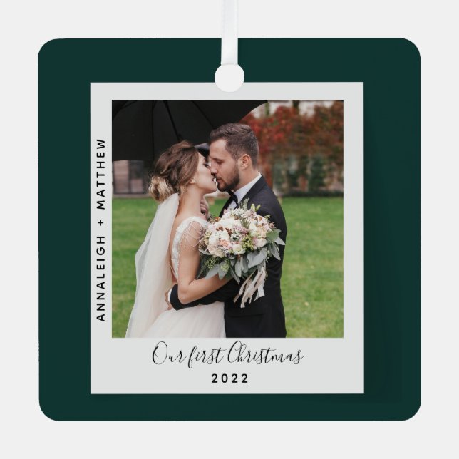 Our First Christmas Wedding Photo Holidays Metal Ornament (Front)