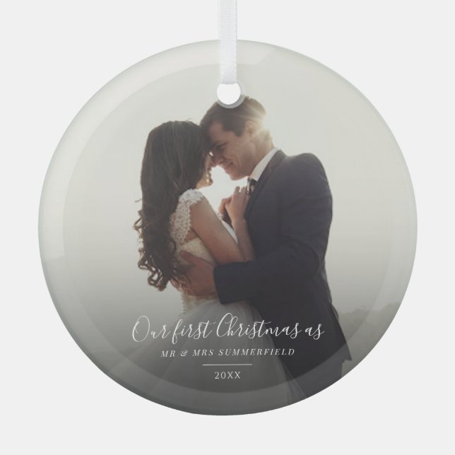 Our First Christmas Wedding Photo Keepsake Holiday Glass Ornament (Front)