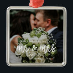 Our First Christmas wedding photo Metal Ornament<br><div class="desc">A modern typography for this photo ornaments collection. To customize with your favorite picture. You can also easily change the color of the font to your liking.</div>