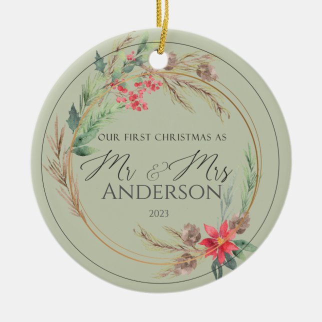Our First Christmas Wedding Photo Mr Mrs Ceramic Ornament (Front)