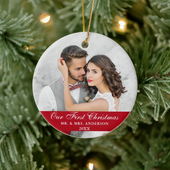 Our First Christmas Wedding Photo Red Ceramic Ornament (Tree)
