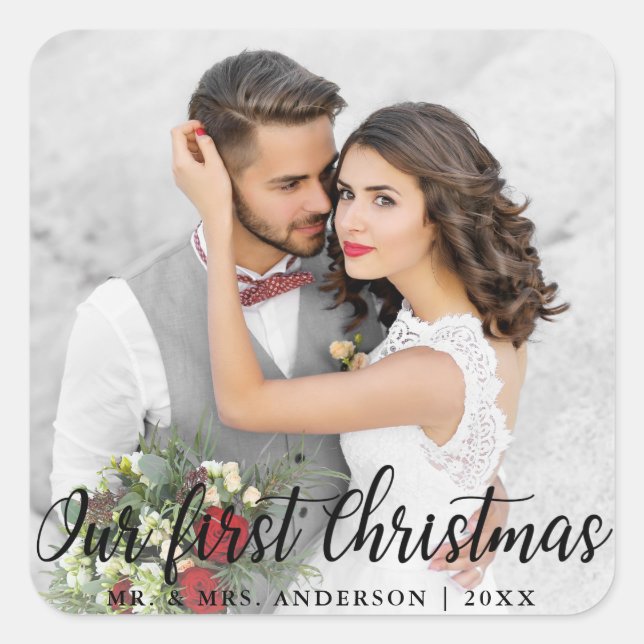 Our First Christmas Wedding Photo Square Sticker (Front)
