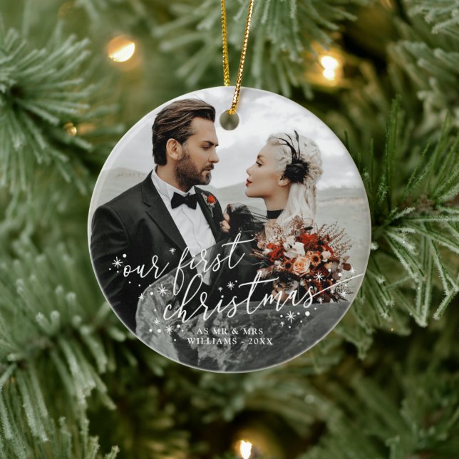 Our First Christmas White Script Wedding Photo Ceramic Ornament (Tree)