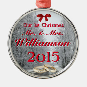 Our First Christmas Winter Road w/ rings Mr & Mrs Metal Ornament