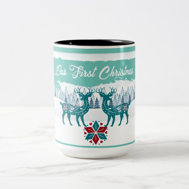 Our First Christmas Winter Snow Nordic Reindeers  Two-Tone Coffee Mug (Center)