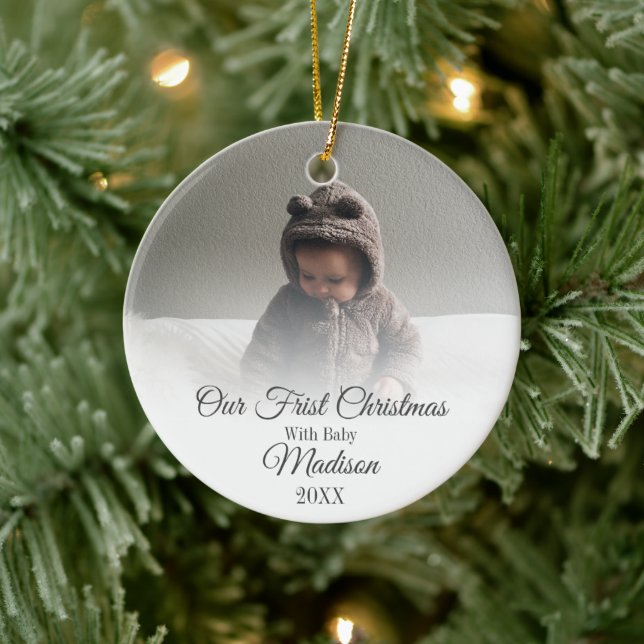Our First Christmas with Baby Quote Monogram Photo Ceramic Ornament (Tree)
