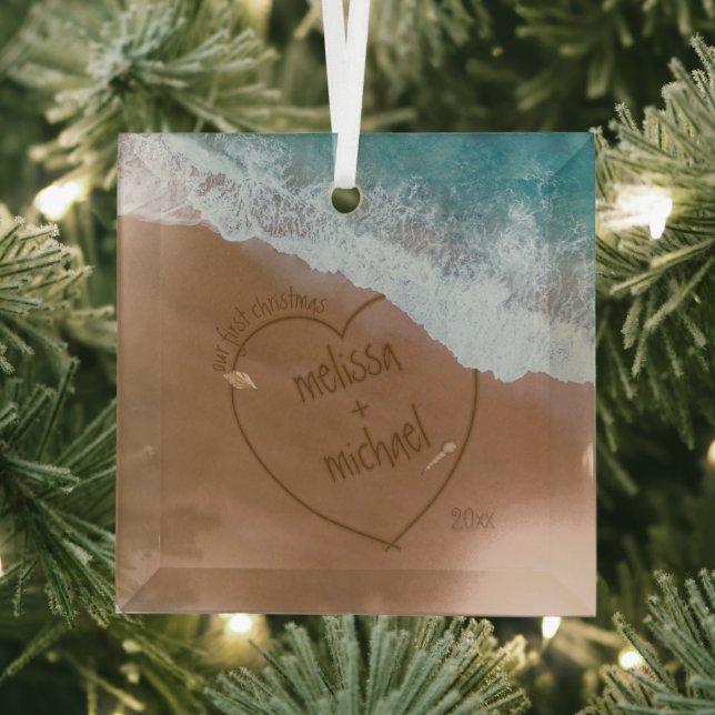 Our First Christmas With Names Beach Dated Glass Ornament (Insitu)