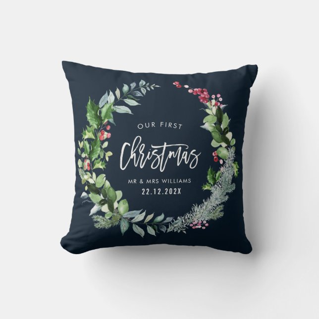our first christmas wreath wedding announcement throw pillow (Front)