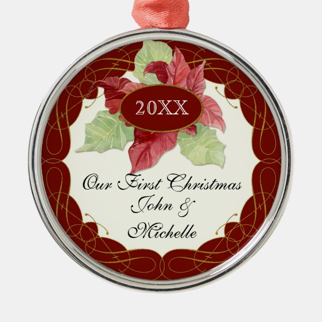 Our First ChristmasTogether Poinsettia Personalize Metal Ornament (Front)