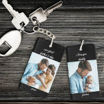 Our First Father's Day Name and Year Black 2 Photo Keychain<br><div class="desc">Photo keychain for a new daddy's first father's day. The photo template is set up for you to add 2 of your favourite pictures, which are printed one on each side, in square / instagram format. The wording is fully editable and currently reads "our first father's day [year] i love...</div>