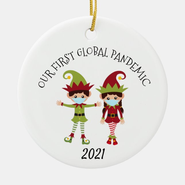 Our first Global Pandemic Elf 2021 Ceramic Ornament (Front)