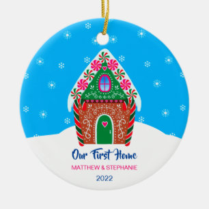 Our First Home Christmas Gingerbread House Blue Ceramic Ornament