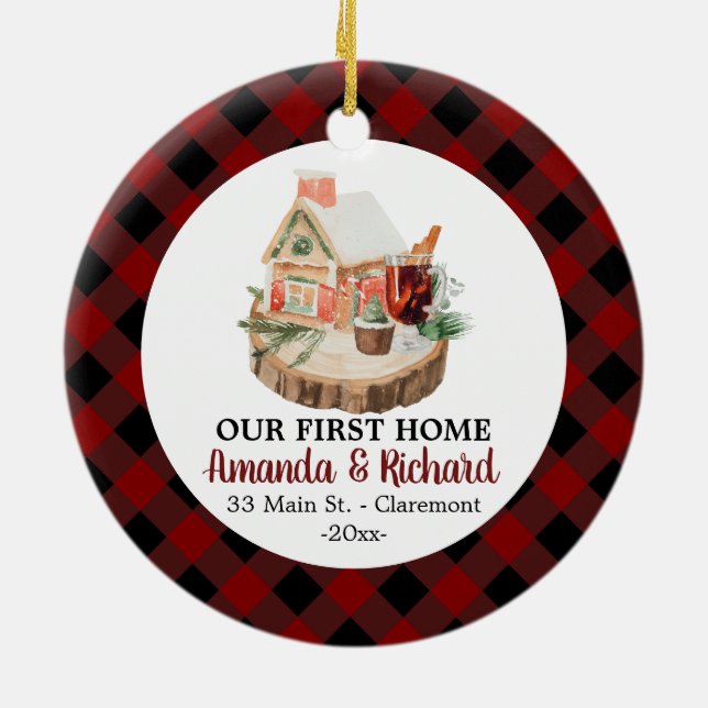 Our first Home Christmas rustic flannel Ceramic Ornament (Back)
