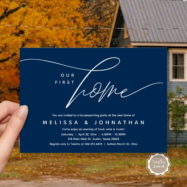 Our First Home, Cozy Lovely Housewarming Party Invitation (Our First Home, Cozy Lovely Housewarming Party Invitation Card, PDF, Lovely Cozy Romantic Navy Blue)