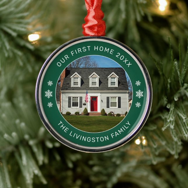 Our First Home Green Personalized Photo Metal Ornament (Tree)