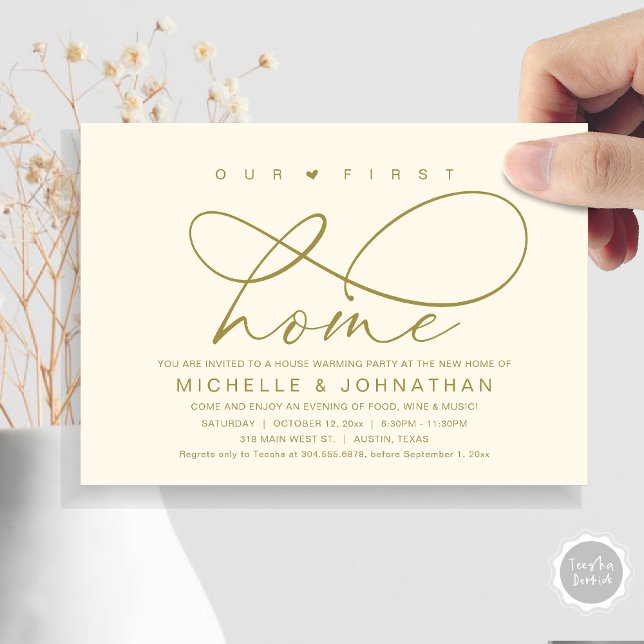 Our first home, Modern Housewarming party Invitation (Our First Home, New Housewarming Party Invitation Card, PDF, Modern Romantic Script, Classy Gold)