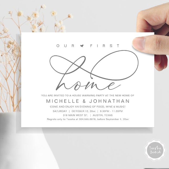 Our first home, Modern Housewarming party Invitation (Our First Home, New Housewarming Party Invitation Card, PDF, Modern Romantic Script, Dark Grey)