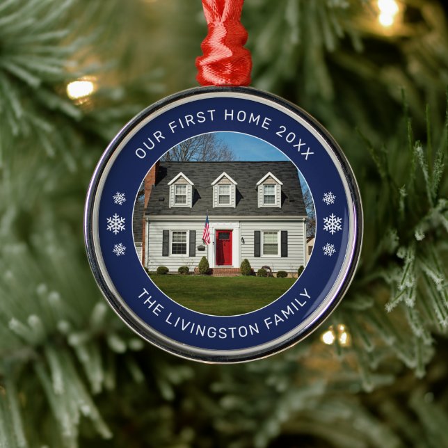 Our First Home Navy Personalized Photo Metal Ornament (Tree)