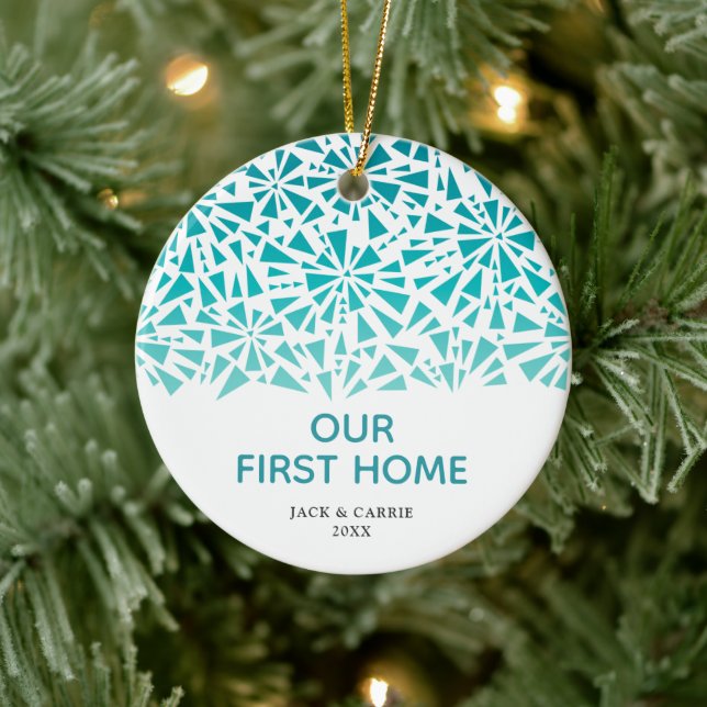 Our First Home Personalized Blue Fractal Pattern Ceramic Ornament (Tree)