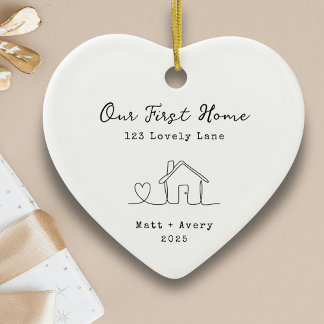 Our First Home Personalized Line Art New House Ceramic Ornament