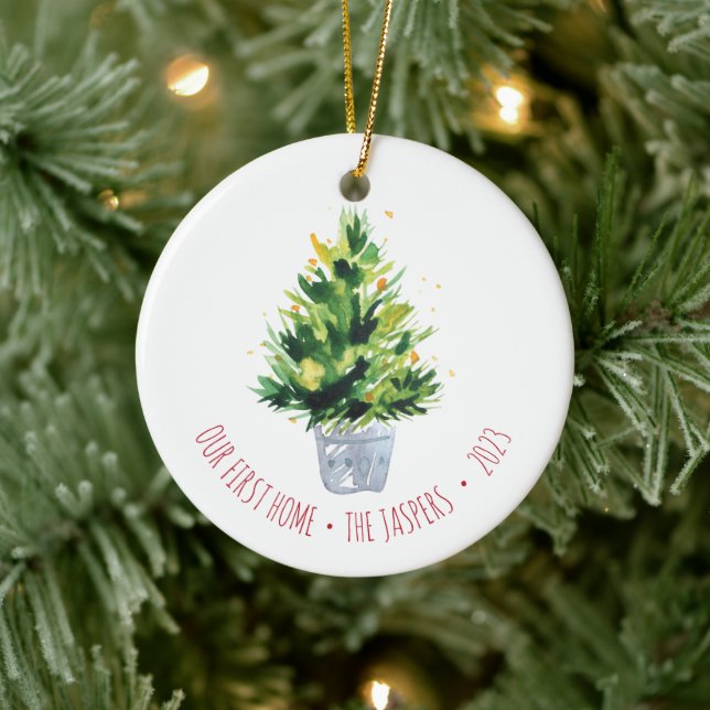 Our First Home Personalized Potted Christmas Tree Ceramic Ornament (Tree)