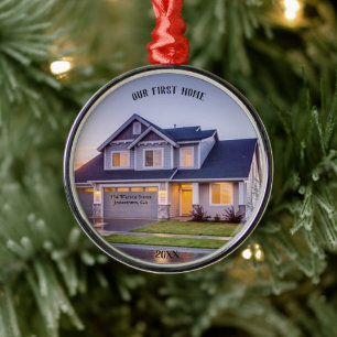 Our First Home Photo Personalized with Address Metal Ornament