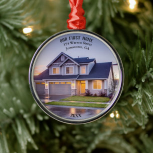 Our First Home Photo   Personalized with Address   Metal Ornament