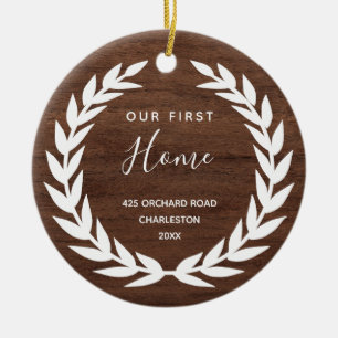 Our First Home   Rustic Brown Wood Look Ceramic Ornament