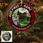 Our First Home (your photo) Two Photo 2-Sided Ceramic Ornament<br><div class="desc">Create a special keepsake ornament showcasing your first (OR NEW) home for the holiday season. The text can be changed from OUR FIRST to OUR NEW as you like. Add your new address or family name and the year. It has a red and black buffalo check plaid (lumberjack) background. The...</div>