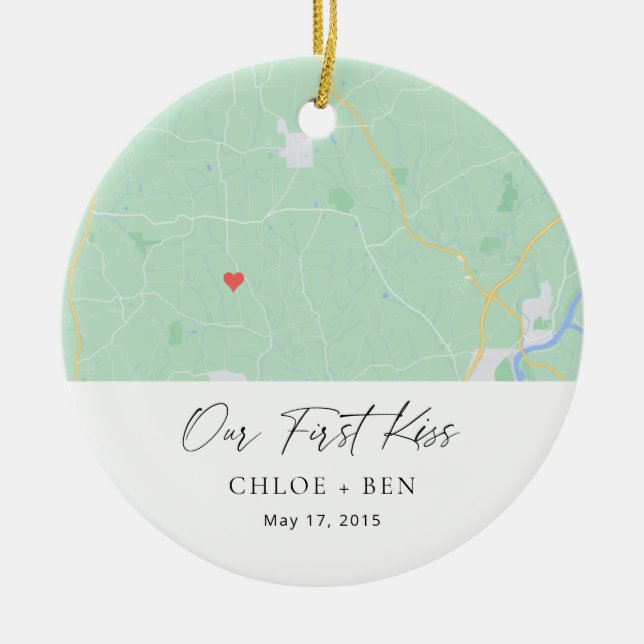 Our First Kiss Personalized Map Ceramic Ornament (Front)
