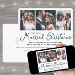 Our First Married Christmas 3 Wedding Photos Green Holiday Card<br><div class="desc">Send joyful holiday wishes as a new Mr. & Mrs! Celebrate marriage as newlyweds and share three of your favourite wedding pictures with a stylish custom photo collage "Our First Married Christmas" holiday card. All text on this template is simple to personalize to include any wording, such as Merry and...</div>