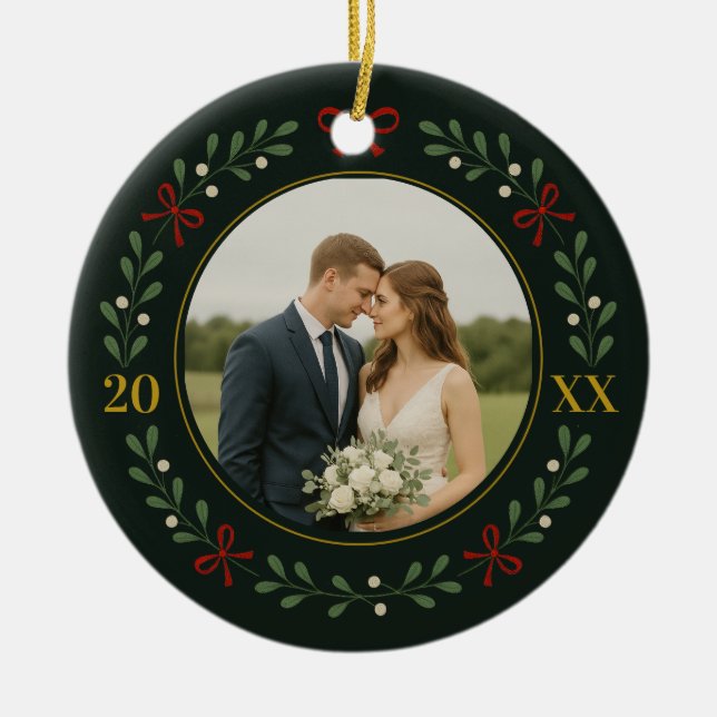 Our First Married Christmas – Evergreen Wreath Ceramic Ornament (Front)