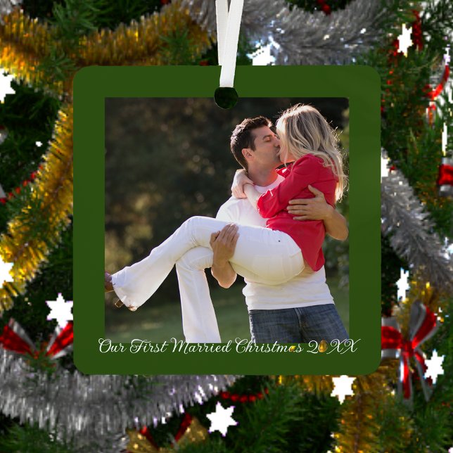 Our First Married Christmas Green Frame Metal Ornament (Creator Uploaded)