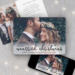 Our First Married Christmas Simple Wedding Photos Holiday Card