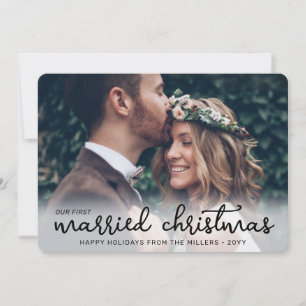 Our First Married Christmas Simple Wedding Photos Holiday Card