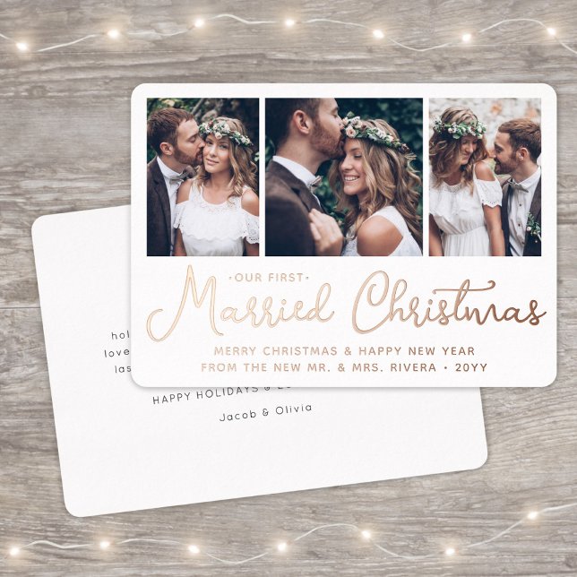 Our First Married Christmas Wedding Photo Collage Foil Holiday Card (Creator Uploaded)