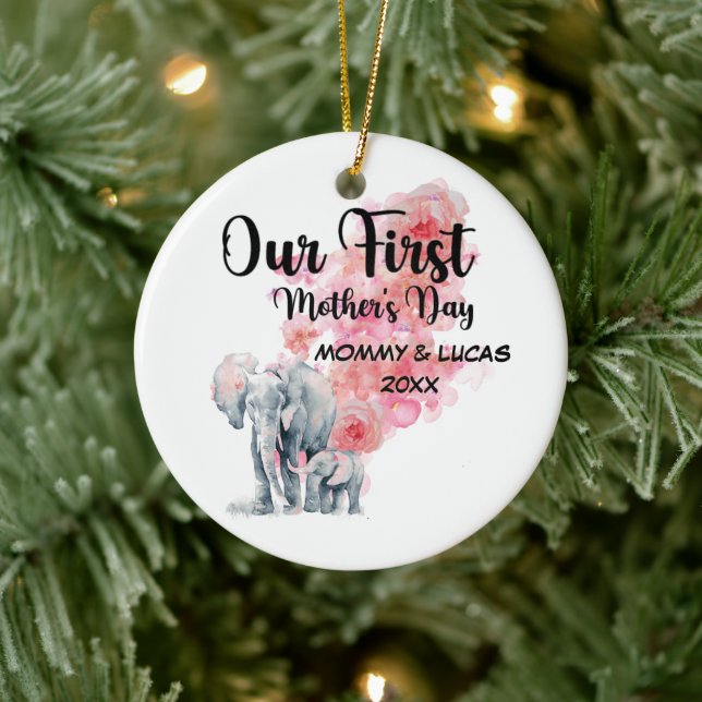 Our First Mother's Day Mom And Baby Elephants Ceramic Ornament (Tree)