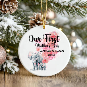 Our First Mother's Day Mom And Baby Elephants Ceramic Ornament