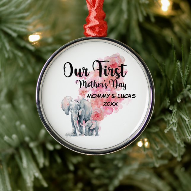 Our First Mother's Day Mom And Baby Elephants Metal Ornament (Tree)