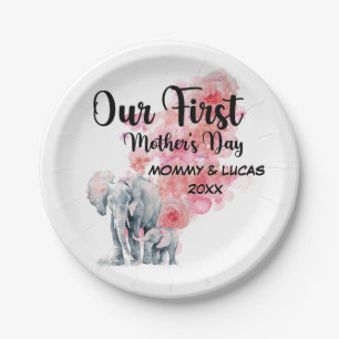 Our First Mother's Day Mom And Baby Elephants Paper Plate