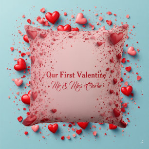 Our First Valentine Mr & Mrs Romantic Hearts Throw Pillow