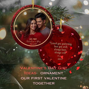 Our First Valentine Photo RED Hearts Couple Ceramic Ornament