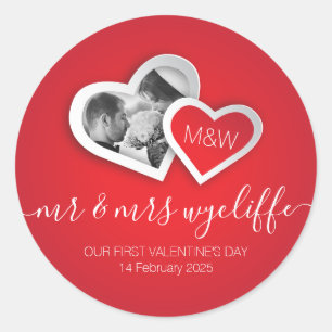 Our First Valentine’s Day as Mr & Mrs Heart Photo Classic Round Sticker