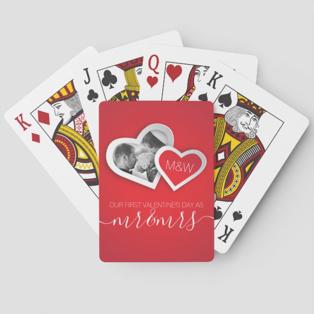 Our First Valentine’s Day as Mr & Mrs Heart Photo Playing Cards (Back)