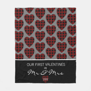 Our First Valentines As Mr Mrs Buffalo Plaid Heart Fleece Blanket